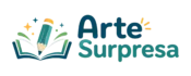Logo do Arte Surpresa com livro e lápis, representando atividades educativas para imprimir
