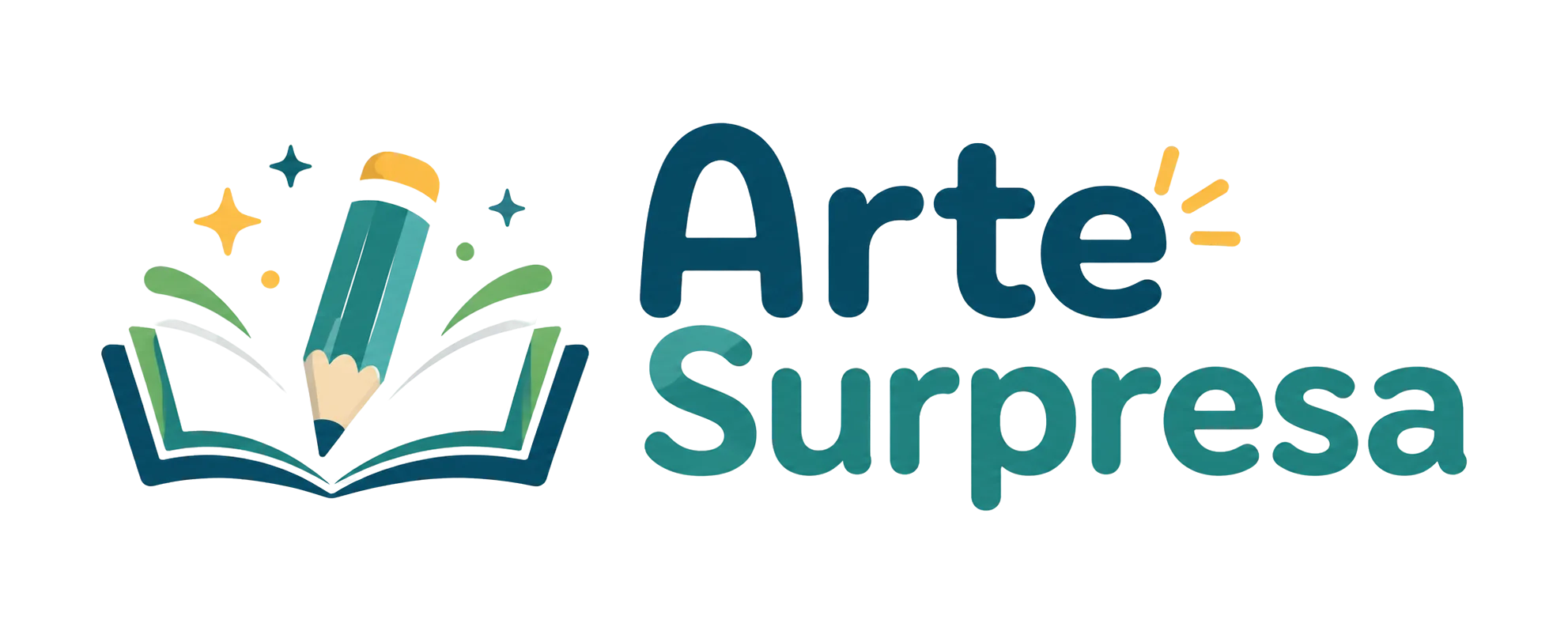 Logo do Arte Surpresa com livro e lápis, representando atividades educativas para imprimir
