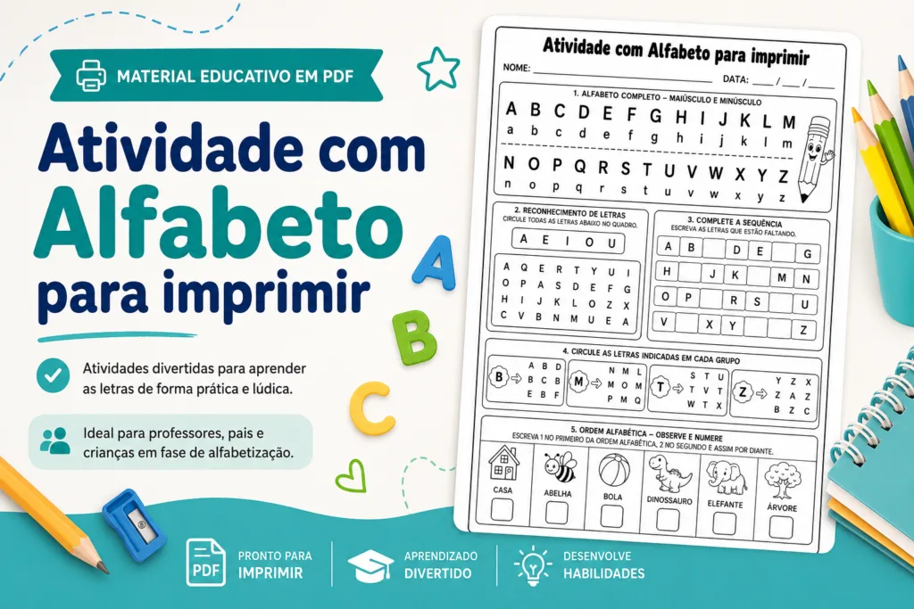 Imagem destacada de atividade com alfabeto para imprimir, com prévia da folha educativa e elementos escolares para alfabetização infantil