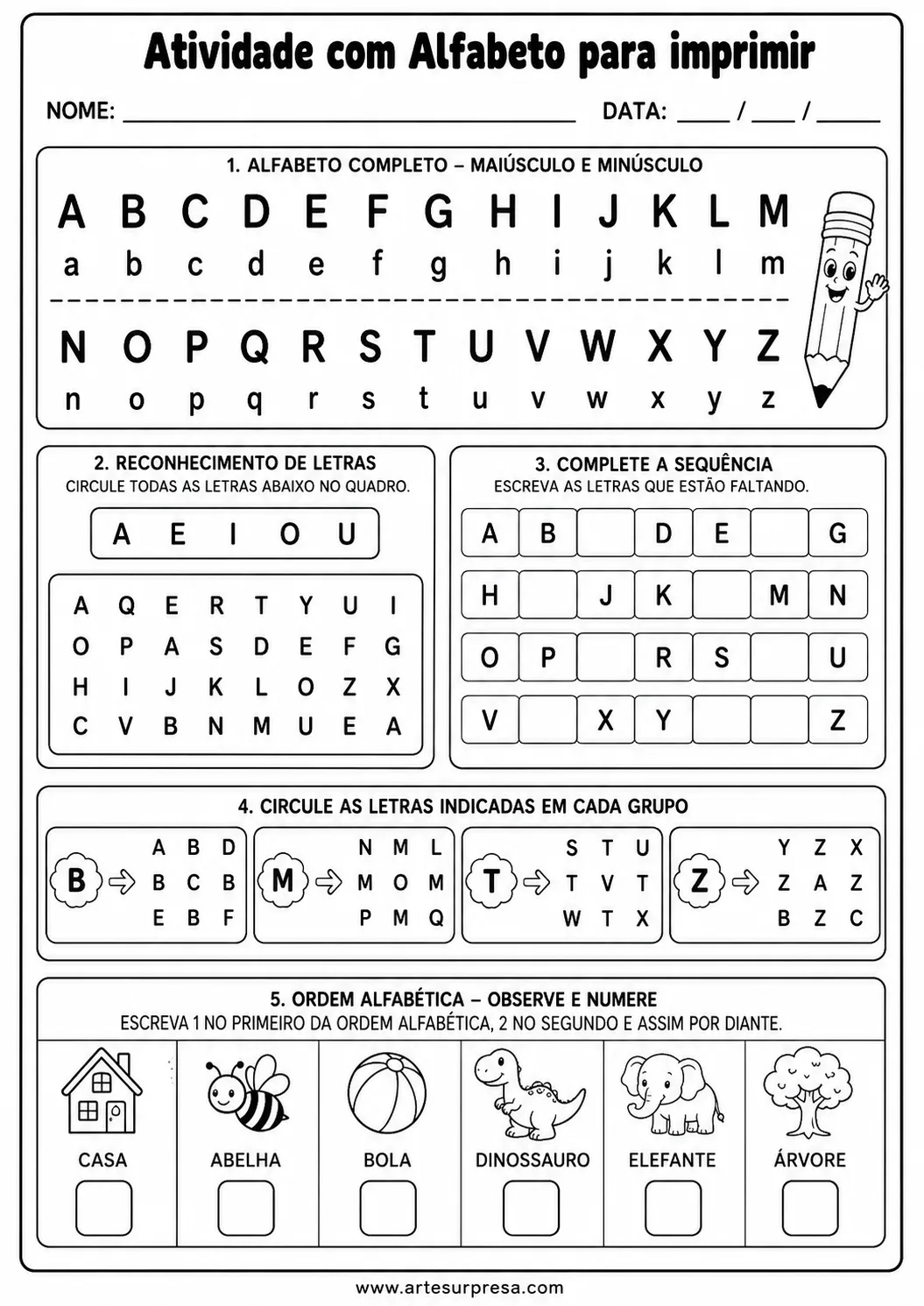 Atividade com alfabeto para imprimir em PDF para alfabetização infantil