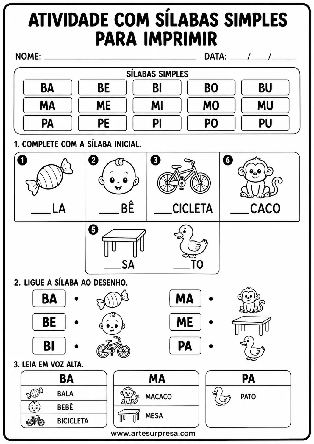 Atividade com sílabas simples para imprimir em PDF para alfabetização infantil