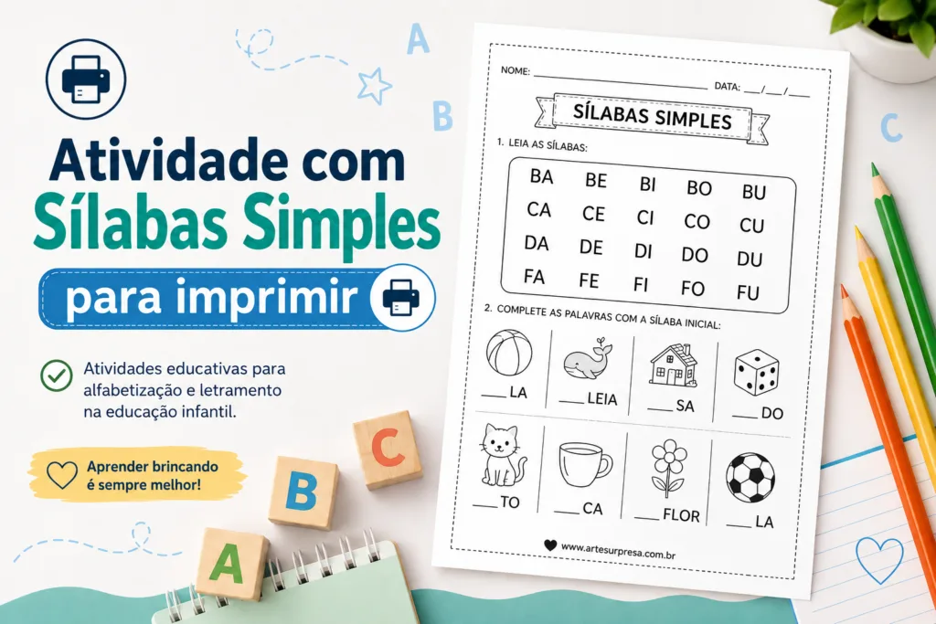 Imagem destacada de atividade com sílabas simples para imprimir, com prévia da folha educativa e elementos escolares para alfabetização infantil