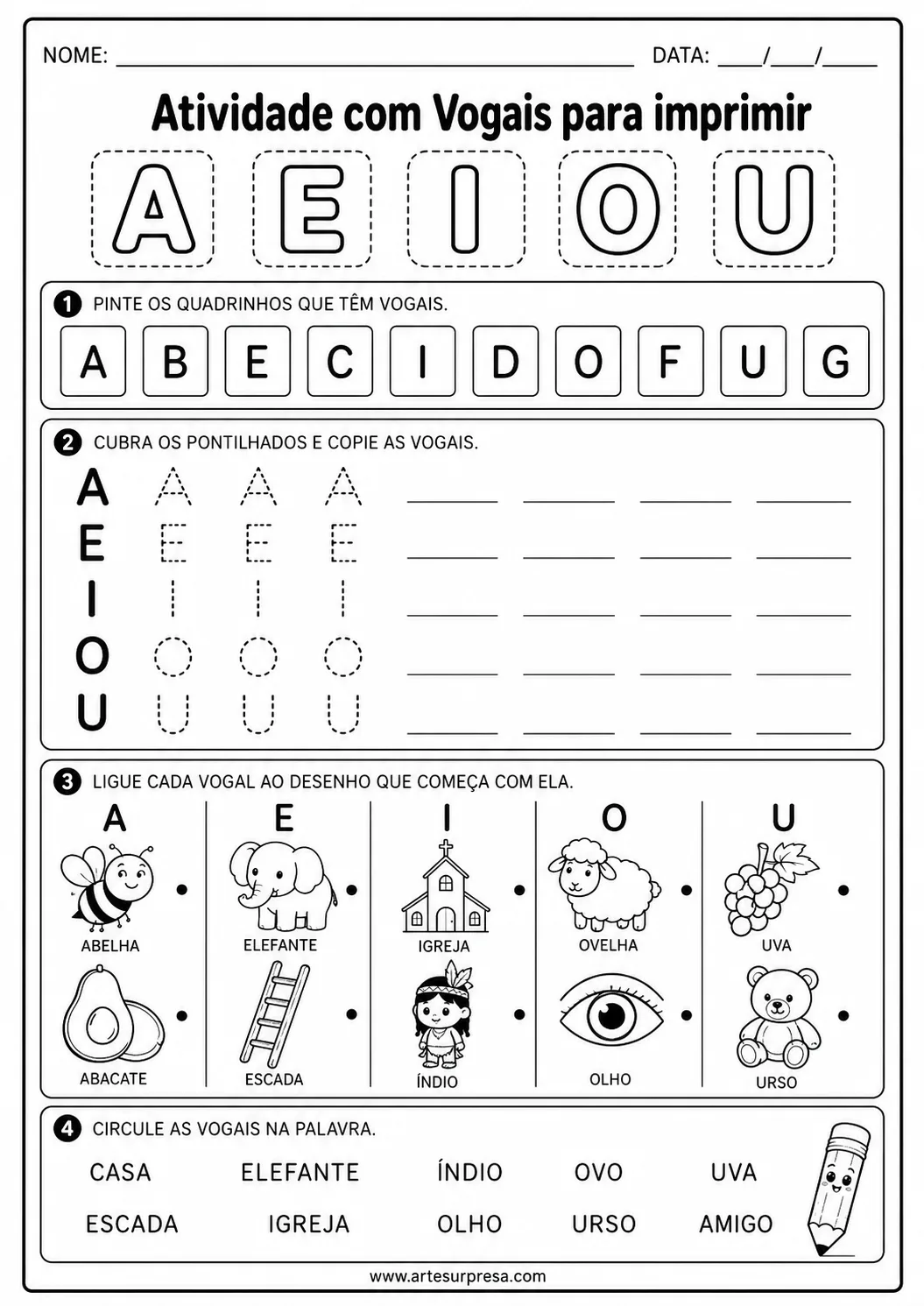 Atividade com vogais para imprimir em PDF para alfabetização infantil
