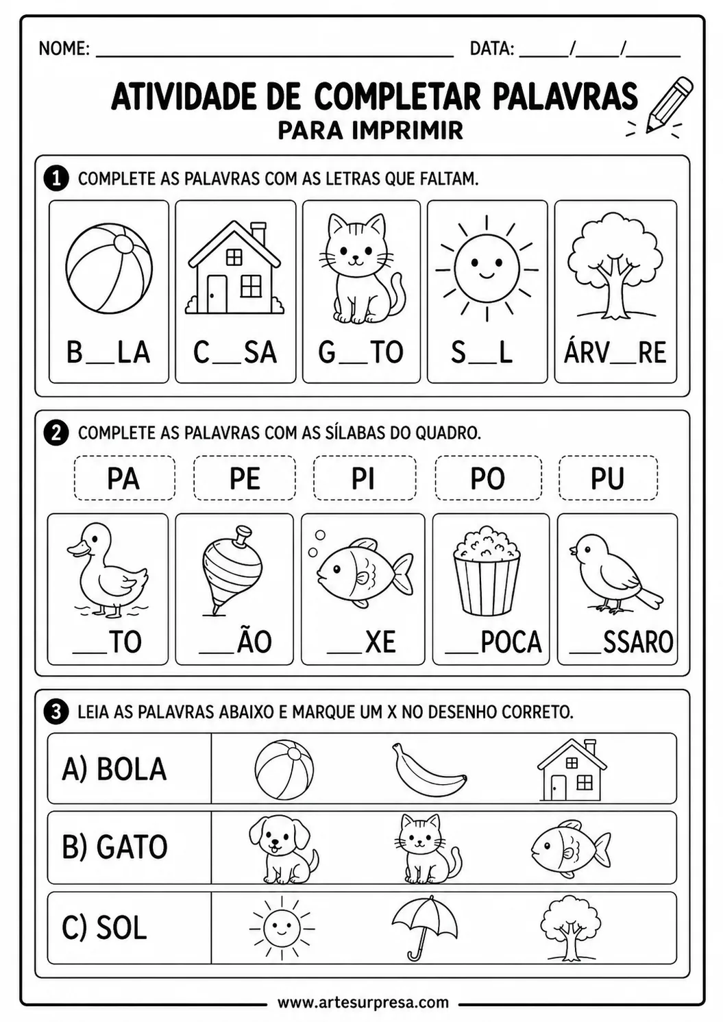 Atividade de completar palavras para imprimir em PDF para alfabetização infantil