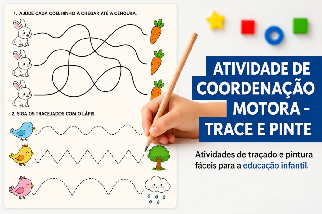 Atividade de coordenação motora infantil para imprimir com exercícios de trace e pinte. A imagem apresenta uma ficha pedagógica para educação infantil com labirintos de coelhinhos e cenouras, linhas pontilhadas para treino do traçado, desenhos de pássaros, árvore e nuvem, além de uma criança segurando um lápis. Banner educativo com o título: “Atividade de Coordenação Motora – Trace e Pinte”, ideal para desenvolver a coordenação motora fina, a escrita e a concentração de crianças na pré-escola e alfabetização.