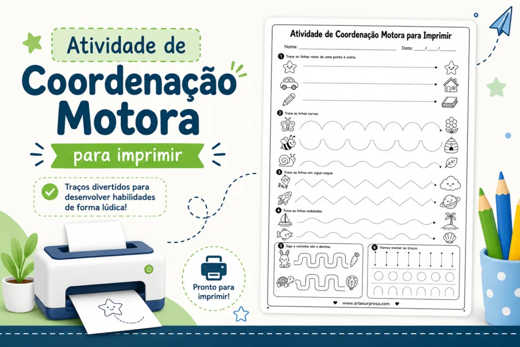 Imagem destacada de atividade de coordenação motora para imprimir, com prévia da folha educativa, traçados pontilhados e elementos escolares para educação infantil