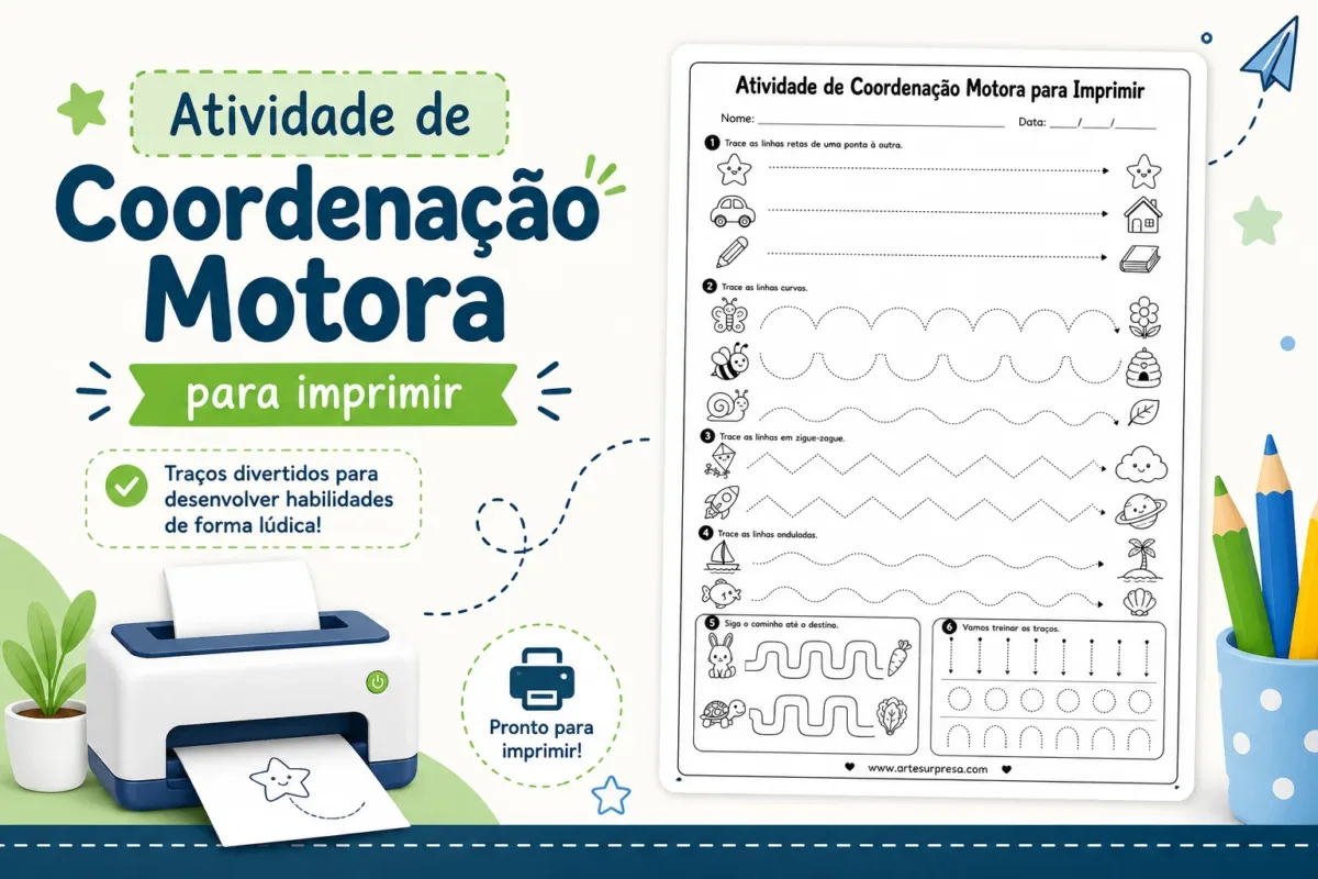 Atividade de Coordenação Motora para imprimir Imagem destacada de atividade de coordenação motora para imprimir, com prévia da folha educativa, traçados pontilhados e elementos escolares para educação infantil