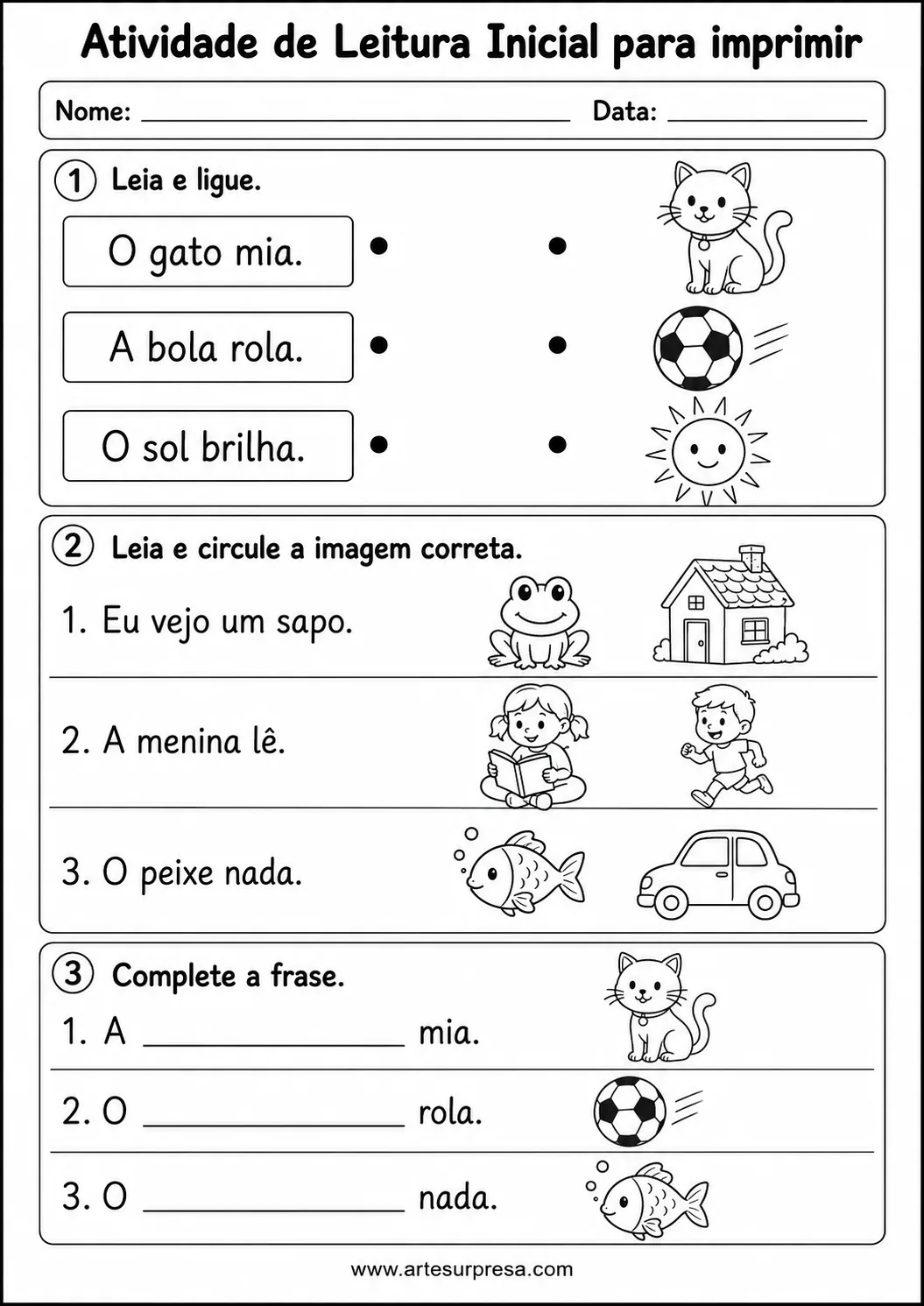 Atividade de leitura inicial para imprimir em PDF para alfabetização infantil