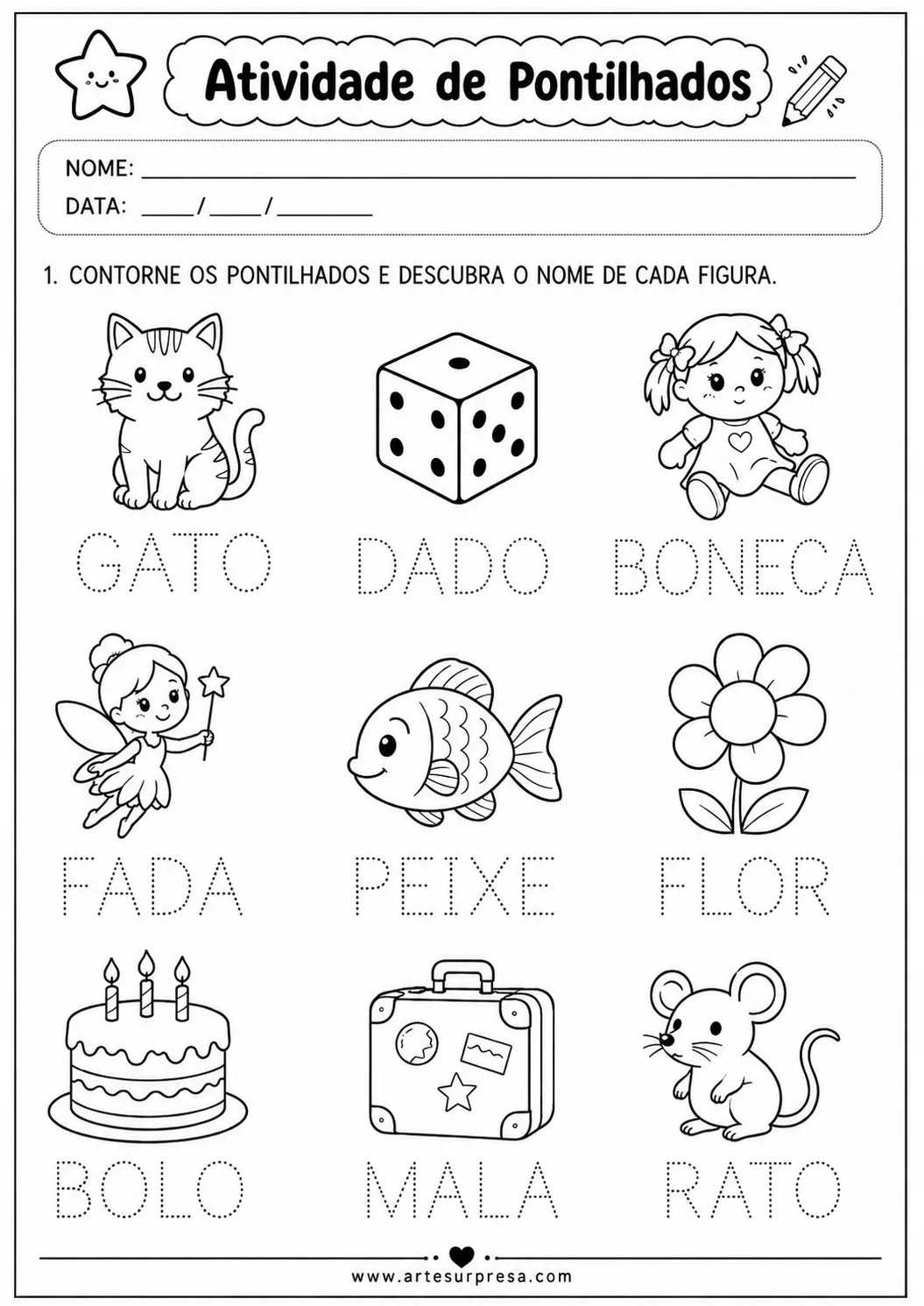 Atividade de pontilhado para imprimir em PDF para educação infantil
