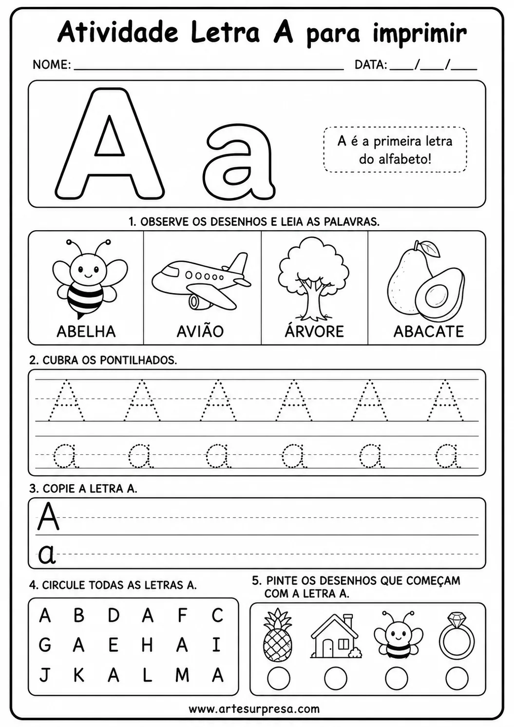 Atividade Letra A para imprimir em PDF para alfabetização infantil
