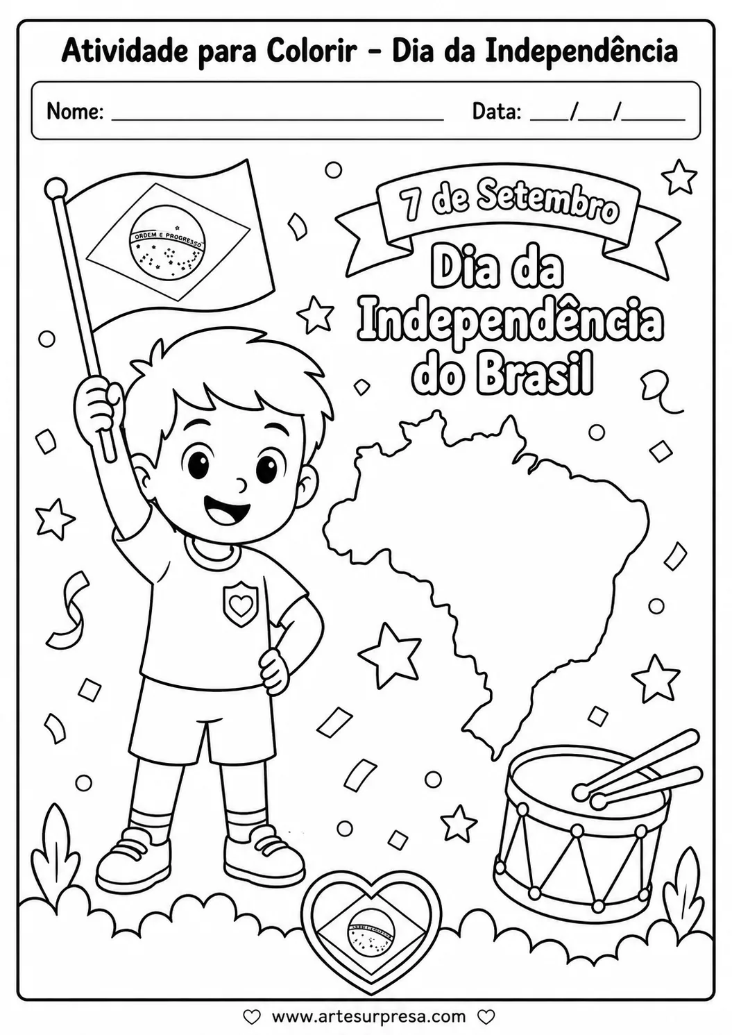 Atividade para colorir do Dia da Independência do Brasil em PDF para educação infantil
