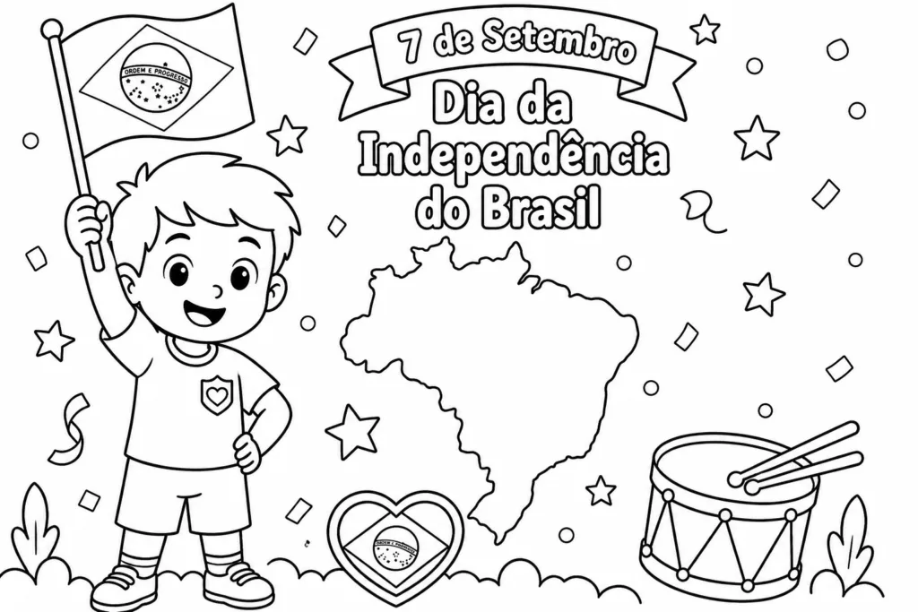 Atividade para colorir do Dia da Independência para imprimir com ilustração infantil em preto e branco. A imagem apresenta um menino segurando a bandeira do Brasil, o mapa do país, um tambor e elementos decorativos com a mensagem "7 de Setembro – Dia da Independência do Brasil". Material educativo ideal para educação infantil e ensino fundamental, desenvolvido para atividades de pintura, coordenação motora e aprendizado sobre a Independência do Brasil.