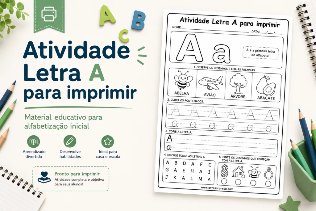 Imagem destacada de atividade Letra A para imprimir, com prévia da folha educativa e elementos escolares para alfabetização inicial