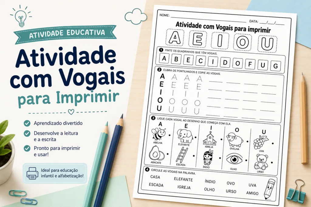Imagem destacada de atividade com vogais para imprimir, com prévia da folha educativa e elementos escolares para alfabetização infantil