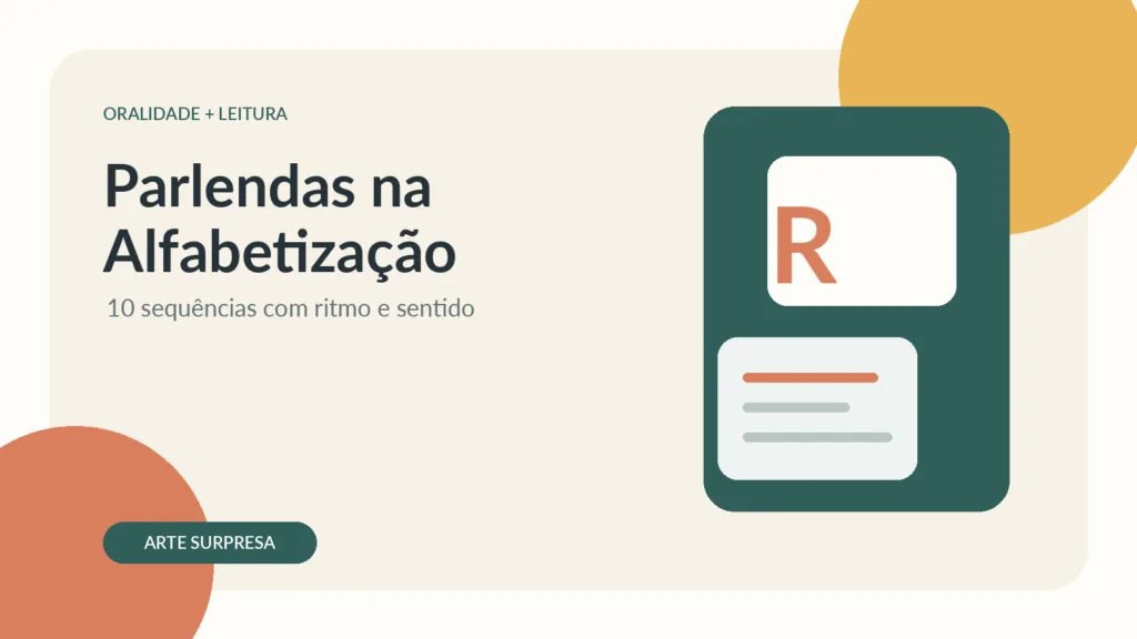 Crianças recitando parlenda com cartões ilustrados em roda de leitura