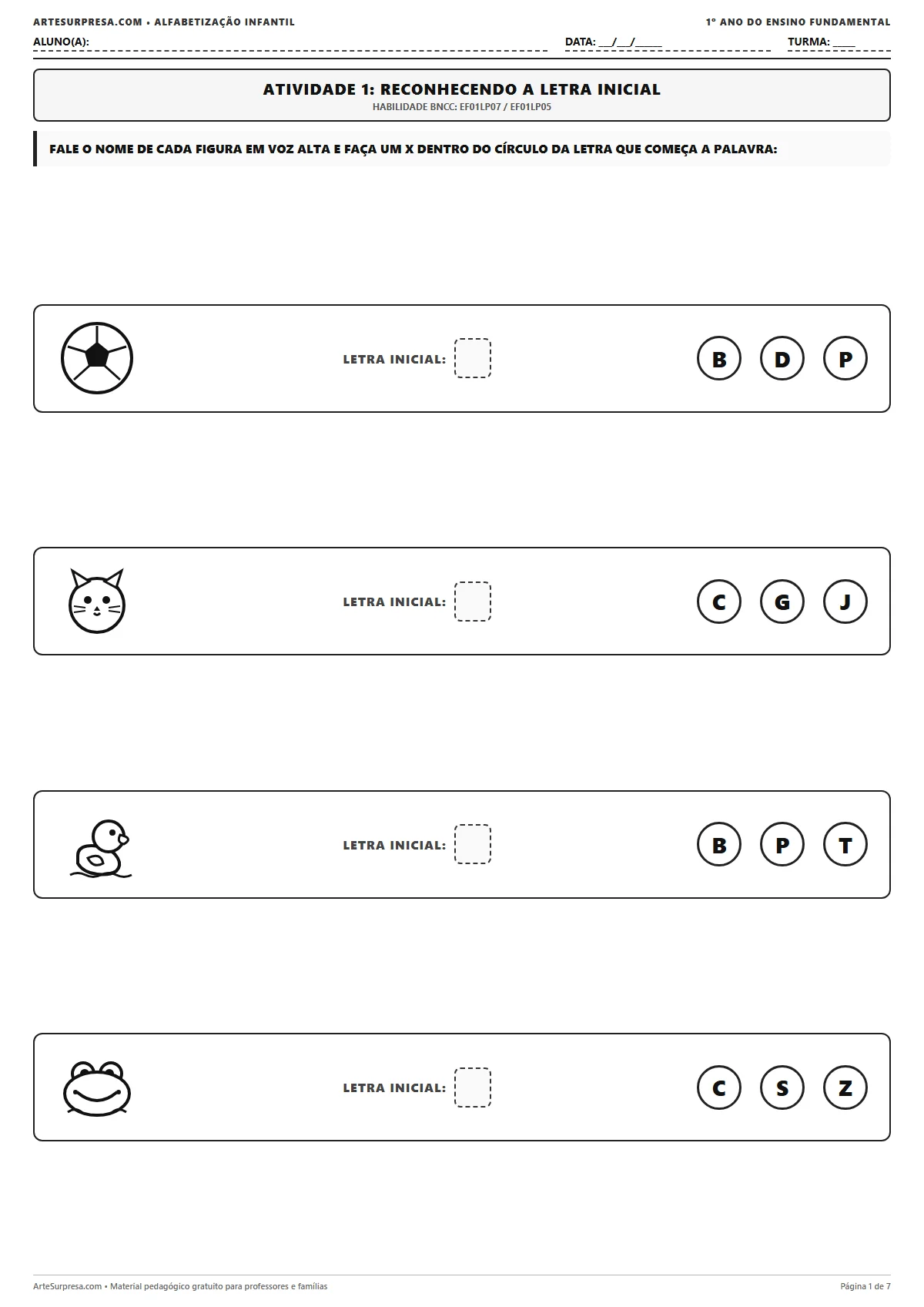 Folha de atividade de português para 1º ano para imprimir com exercício de identificação da letra inicial para as figuras de bola, gato, pato e sapo.