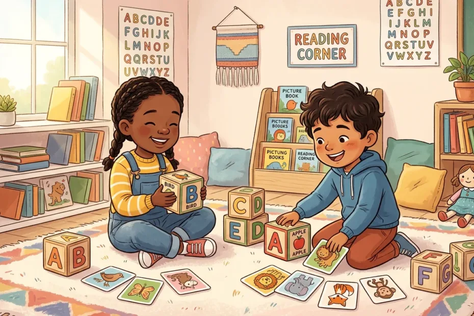 Duas crianças sorridentes sentadas no tapete de um cantinho de leitura em sala de aula do ensino fundamental, brincando com blocos de madeira com letras do alfabeto e cartões ilustrados.
