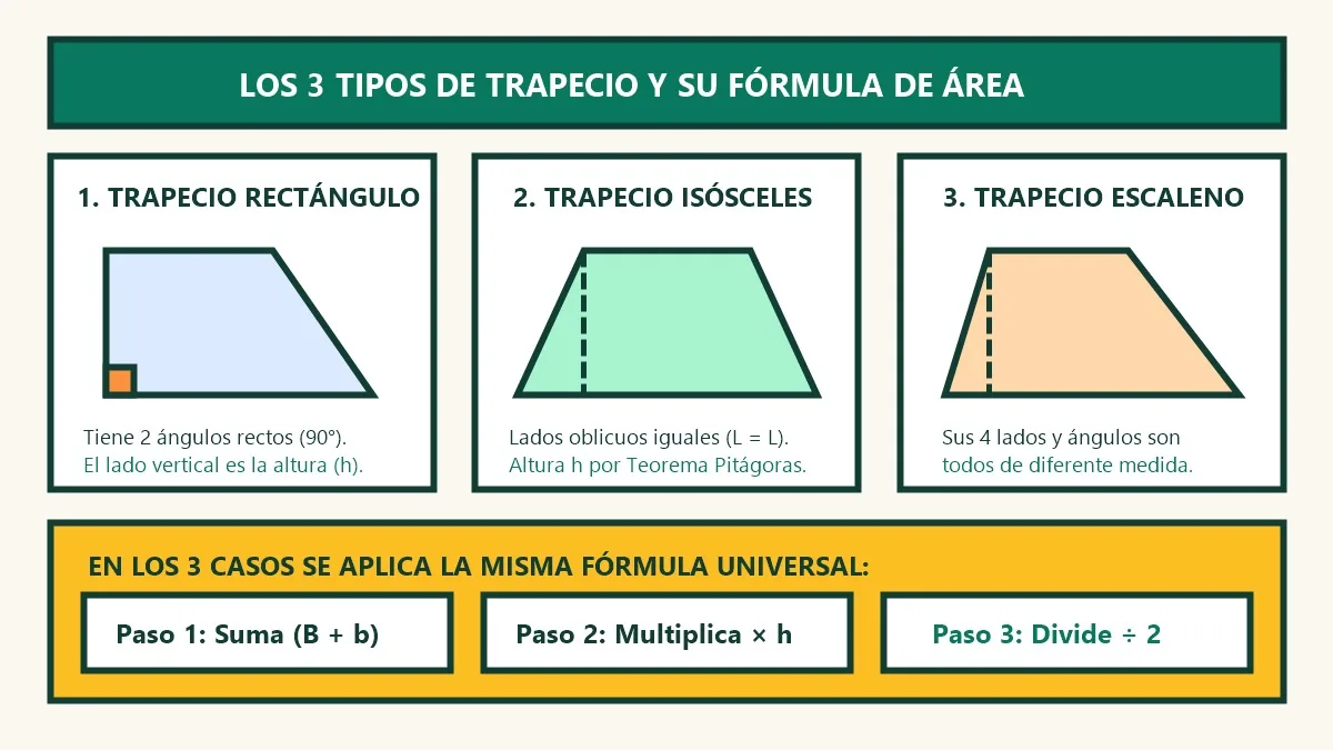 infografía de cómo calcular el área de un trapecio rectángulo isósceles y escaleno en dibujo