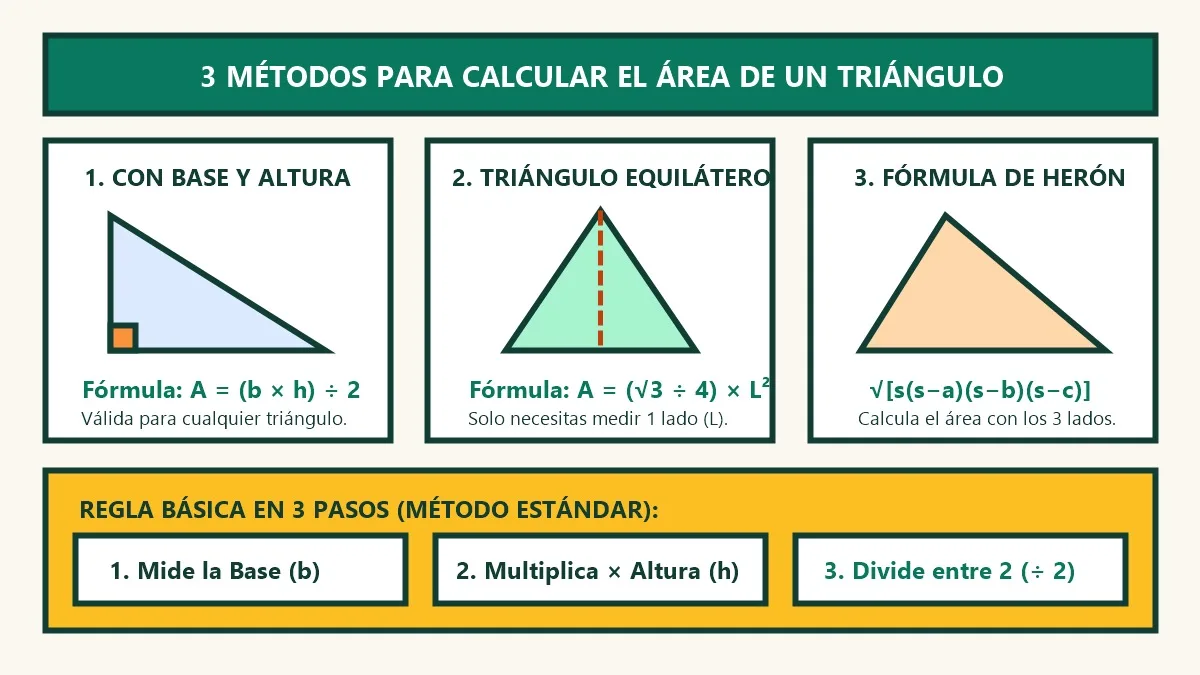 infografía de cómo calcular el área de un triángulo equilátero rectángulo y con 3 lados en dibujo