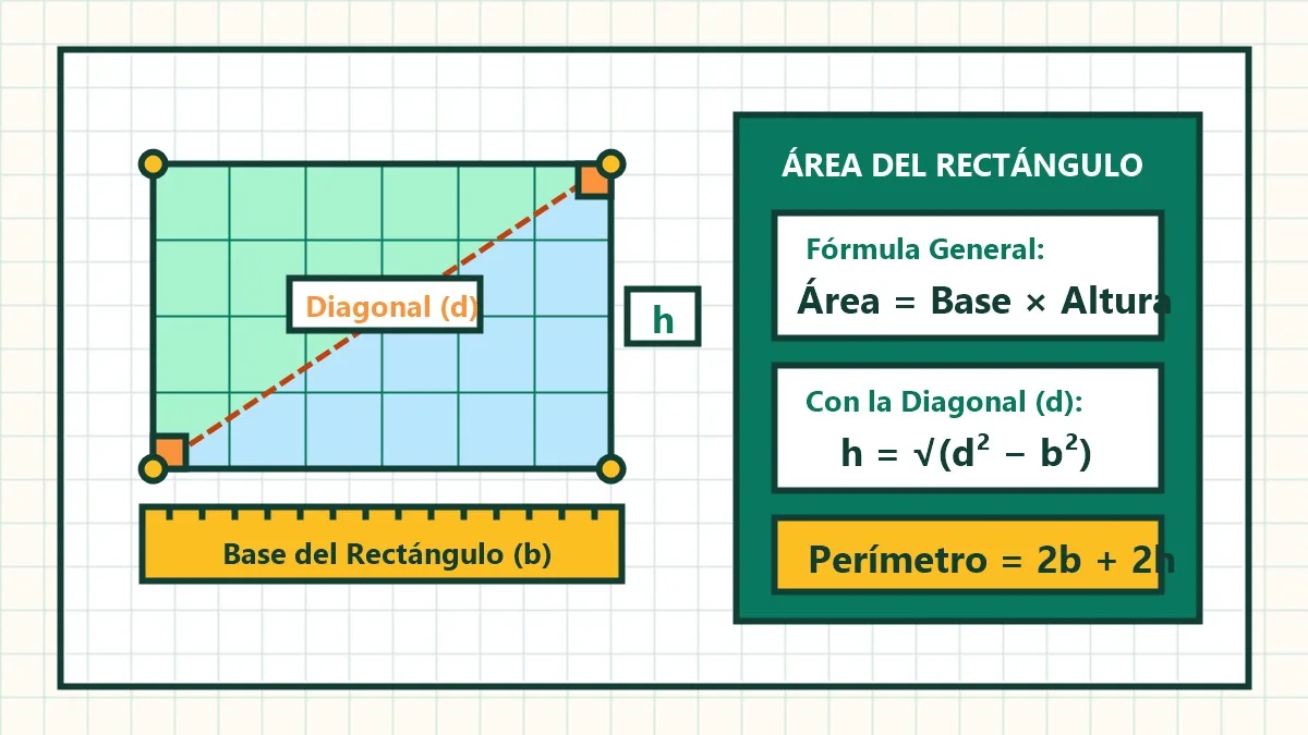 cómo se calcula el área de un rectángulo dibujo con base altura y diagonal
