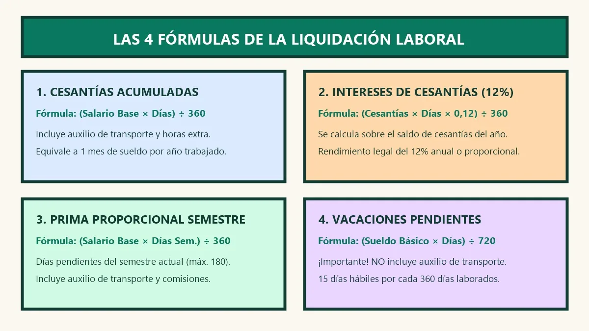 infografía de cómo se calcula la liquidación de un empleado con fórmulas de cesantías prima y vacaciones