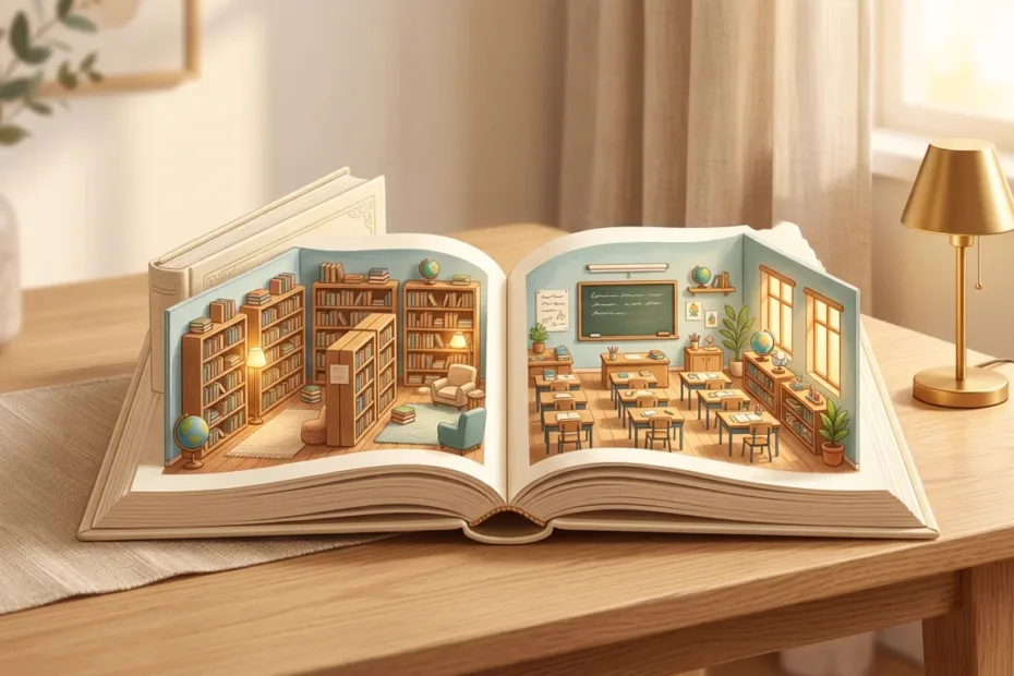 Ilustração editorial de um livro aberto sobre mesa clara, cujas páginas se abrem em maquetes de ambientes escolares: uma biblioteca em miniatura com estantes e poltrona, e uma sala de aula com carteiras e lousa, iluminadas por luminária dourada.