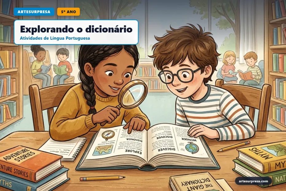 Capa editorial do ArteSurpresa com o título 'Explorando o dicionário' e identificação '5º Ano', ilustrando dois estudantes curiosos investigando palavras com uma lupa em um grande dicionário aberto na biblioteca escolar.