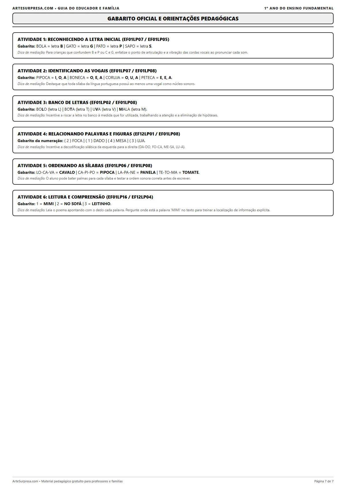 Folha de gabarito oficial com resoluções comentadas das 6 atividades de português do 1º ano e dicas de mediação pedagógica.