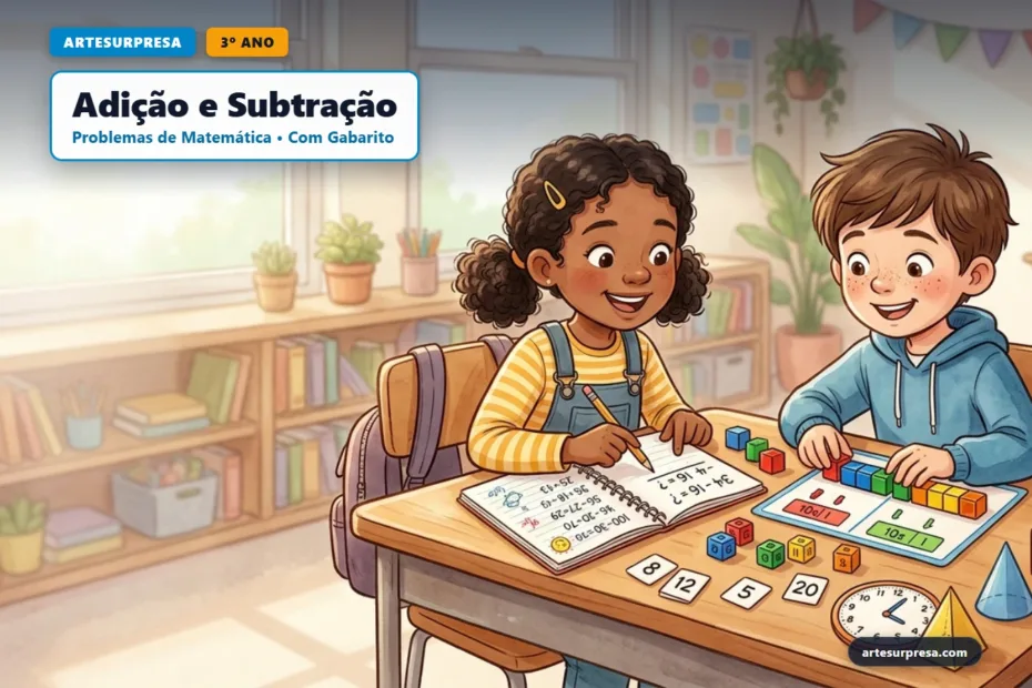 Capa editorial do ArteSurpresa com o título 'Adição e Subtração' e identificação '3º Ano', ilustrando dois estudantes resolvendo problemas de matemática com blocos lógicos e caderno na sala de aula.